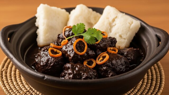 Close-Up of Dinuguan with Puto in Traditional Pot