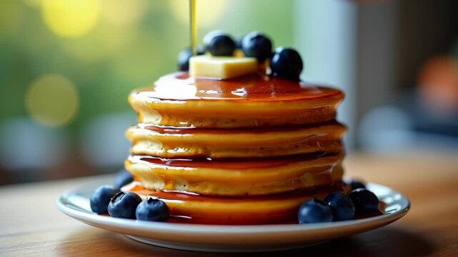 Homemade blueberry pancakes stacked high with syrup pouring slowly, butter melting on top, bright kitchen bokeh background