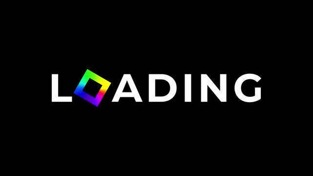 Animated GIF of a colorful gradient square rotating to form the letter O in the text loading.