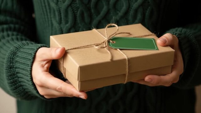 Person holding a gift box with a blank green tag