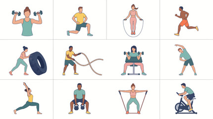 Fototapeta premium Diverse illustrated fitness activities with various individuals performing different exercises, concept for promoting health and wellness, ideal for gym ads, workout apps, and lifestyle blogs.
