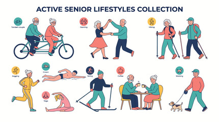 Fototapeta premium Vibrant senior individuals engaged in diverse recreational activities, illustrating an energetic retirement lifestyle for health and fitness campaigns, retirement planning resources, and senior care