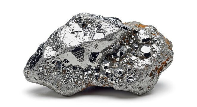 High-quality studio photograph of a raw zinc mineral specimen with a lustrous metallic texture isolated on a clean white background, shiny, white background, specimen