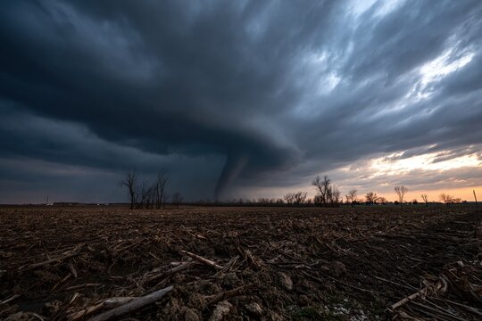 Powerful tornado sweeping over barren agricultural field at sunset