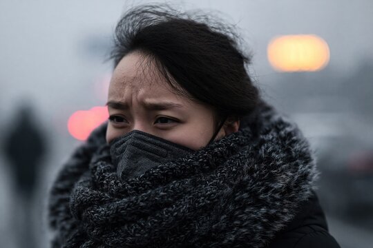 Young woman wearing face mask suffering from air pollution