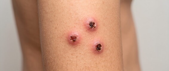 Fototapeta premium Three inflamed, scabbed skin lesions on a human arm, possibly from insect bites