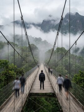 A lone male backpacker stands in the middle of a narrow wooden suspension bridge crossing a misty tropical rainforest valley while blurred fellow adventurers walk past in dynamic motion.