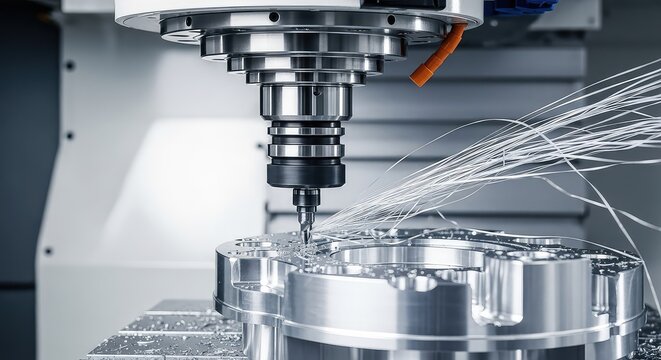 Modern industrial metalworking CNC milling machine precision cutting a metal part with shallow depth of field for high tech machining, digital, automation, precision