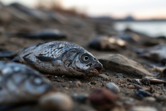 Dead fish polluting dry riverbed representing environmental disaster