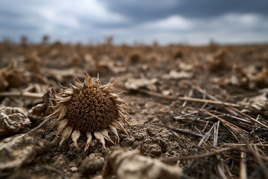 Dried sunflower plant in parched field showing climate change