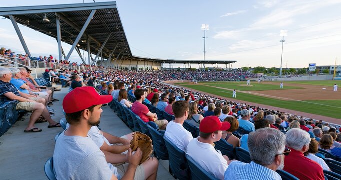 A vibrant suburban baseball stadium glows at sunset, filled with eager fans enjoying a summer sporting event.