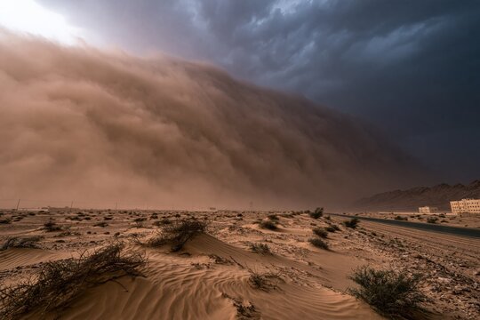 Massive sandstorm dominating desert landscape during global warming event