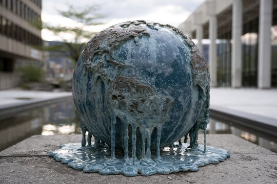Earth globe sculpture melting, symbolizing global warming and ecological crisis