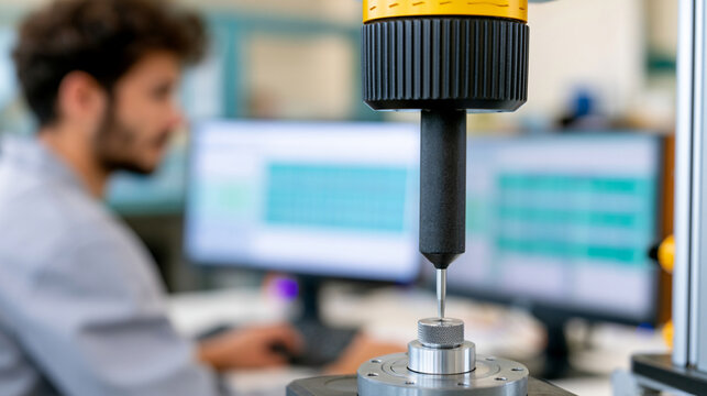Coordinate Measuring Machine CMM Probe Inspecting Precision Machined Component in Metrology Lab