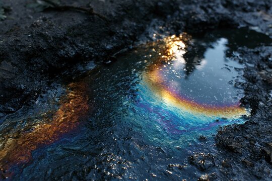Oil slick creating rainbow colors in puddle