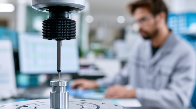 Coordinate Measuring Machine CMM Probe Inspecting Precision Machined Component in Metrology Lab