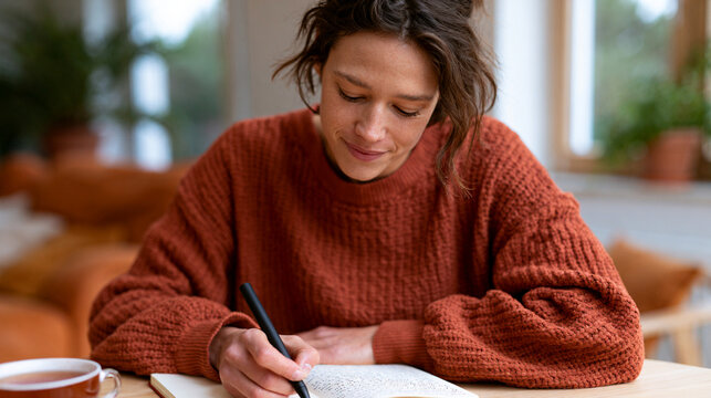 Young Woman in Terracotta Sweater Journaling by Sunny Window for Self-Discovery and Mindfulness