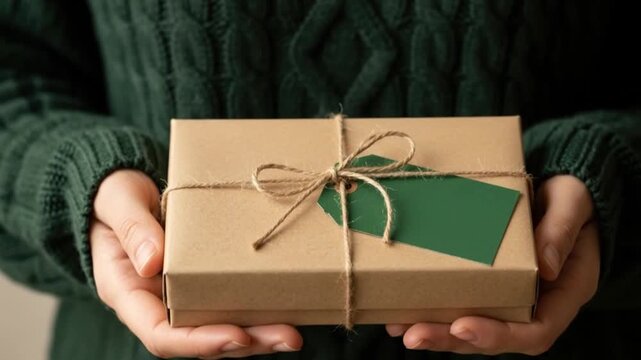 Person holding a simple gift box with a green tag
