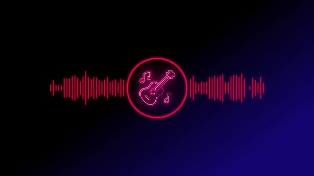 Red neon guitar inside a circle with horizontal audio frequency waveform bars on a dark blue and black gradient background for music concepts
