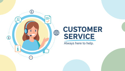 Fototapeta premium Corporate customer service banner featuring a friendly female support representative wearing a headset.