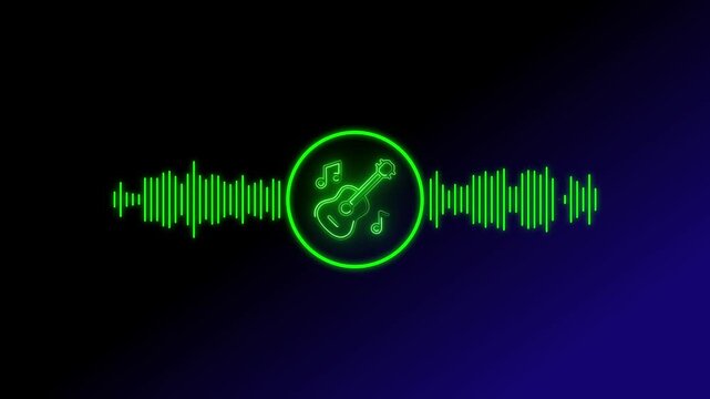 Green neon guitar inside a circle with horizontal audio frequency waveform bars on a dark blue and black gradient background for music concepts