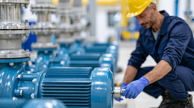 Industrial Hydraulic Technician Performing Preventive Maintenance on Recycled Water Pumps