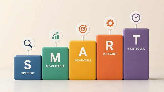 Colorful 3D SMART Goals Framework Blocks With Icons For Effective Business Strategy And Personal Development Planning
