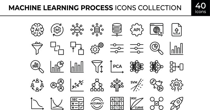 Machine learning process icons collection, artificial intelligence and data science vector set