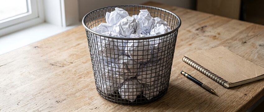 Crumpled paper balls in a wire bin on a wooden office desk workspace