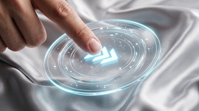 Hand pressing advanced fast forward button on futuristic digital interface