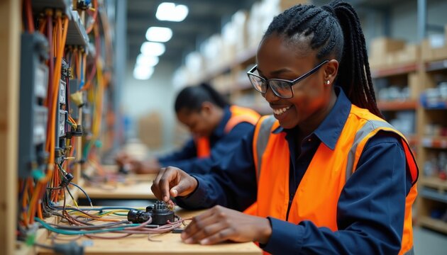 Smiling Black female apprentice electrician wears safety vest, glasses working with electrical wires at workbench. Woman student learns technical skill during vocational trade school training. Adult