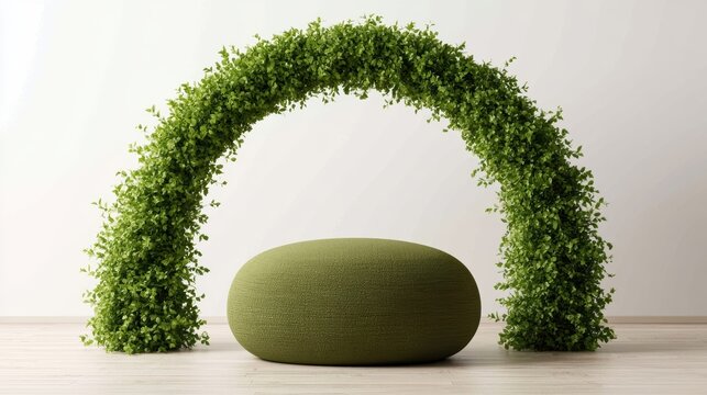 Minimalist green leaf arch decorating modern round ottoman footstool for interior design and display concepts