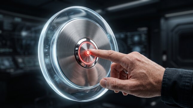 Futuristic interface with a glowing red button being pressed by a finger