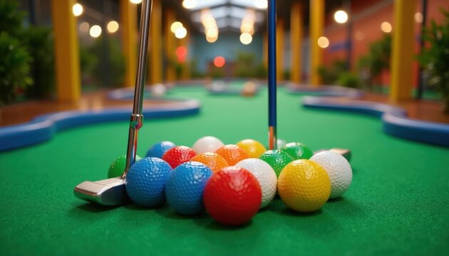 Indoor mini golf course features colorful balls, metal putter on artificial green turf. People play small game in leisure center for fun activity. Close up view shows equipment layout with soft