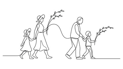 Obraz premium Continuous line drawing of a happy family walking together outdoors