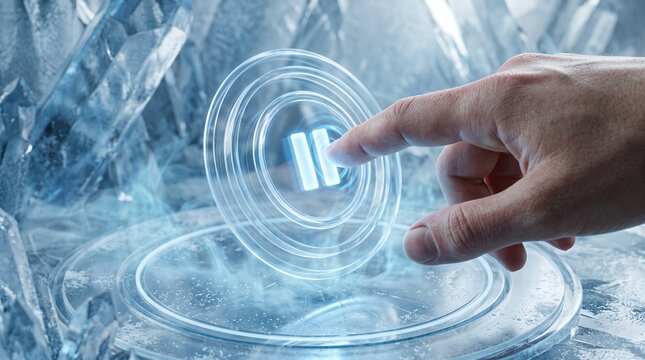 Futuristic interface with pause button and hand