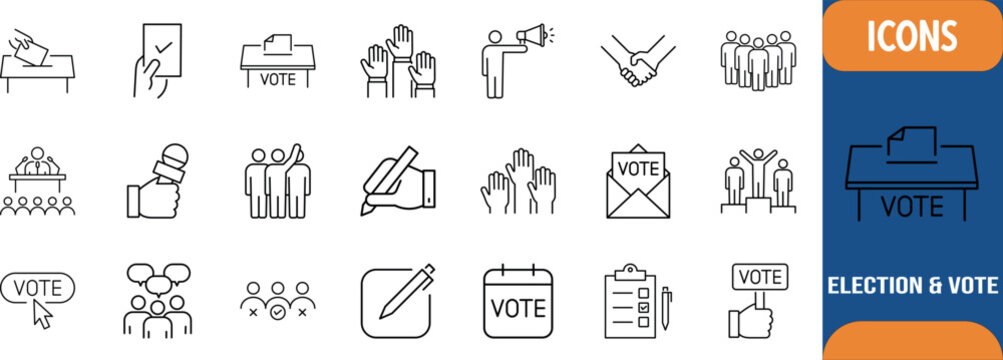 Election and vote line icons. ballot box icon set, raised hands icon set, ballot icon set