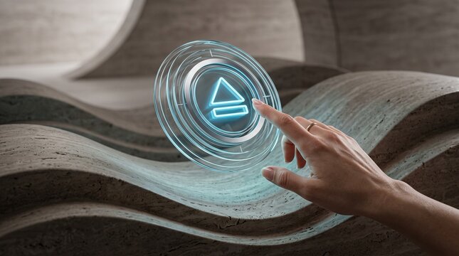 Closeup of a finger touching a glowing blue eject button hologram