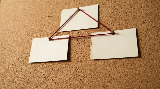Three blank cards arranged in a triangular formation, connected by red rubber bands, placed on a corkboard surface.