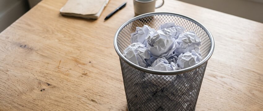 Full metal wastebasket with crumpled paper balls on office desk. Symbolizes brainstorming and failed ideas in a workspace.