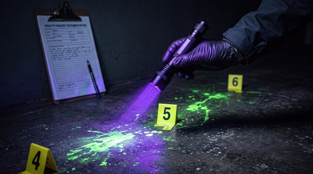 A forensic investigator uses a UV flashlight to examine a crime scene. Evidence markers are placed on the floor, highlighting a green substance.