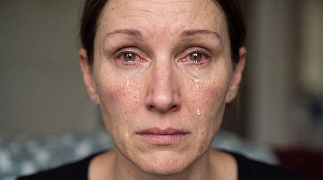 Portrait einer weinenden dunkelhaarigen Frau, die Augen geschwollen und ger&ouml;tet. Tr&auml;nen laufen &uuml;ber ihr Gesicht. 