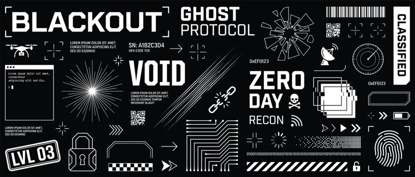 Cyberpunk hacker badge vector set with ghost protocol zero day recon classified labels barcode fingerprint drone icons black white techwear streetwear t-shirt poster sticker print template