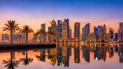 Fototapeta premium Doha Skyline at Sunset with Palm Trees Reflection