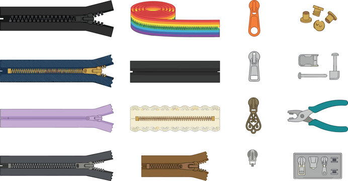 Art & IllustrationZipper and Sewing Hardware Vector Icon Set with Colorful Zips, Sliders, Pullers, and Repair Tools for Tailoring, Fashion Design, and Crafting Projects