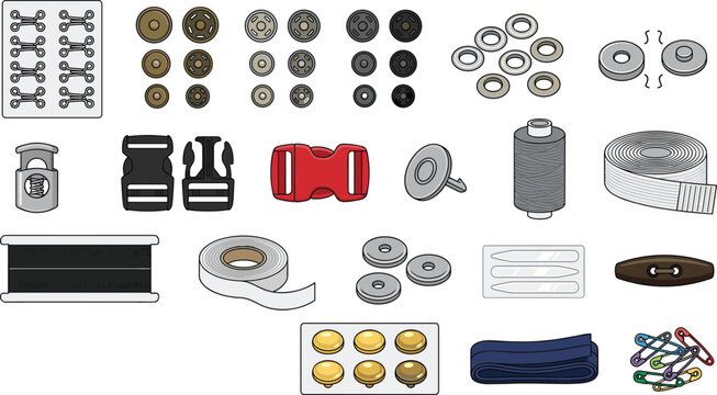 Sewing Fasteners and Hardware Vector Icon Set with Snap Buttons, Buckles, Eyelets, Rivets, Hook and Loop Tape, and Notions for Garment and Bag Making