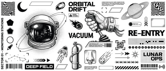 Orbital drift deep field vector set with vacuum re entry lunar ops astronaut planet icons black white space streetwear graphic t-shirt poster sticker print template © Ahmed