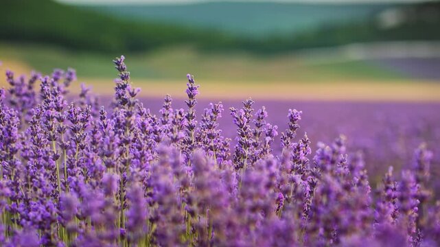 Close up of beautiful blooming lavender flowers swaying in the wind inside a field. Handheld slow motion nature footage for wellness, aromatherapy and organic cosmetics video concept.