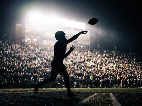 Dramatic night football game with quarterback throwing pass in front of packed stadium