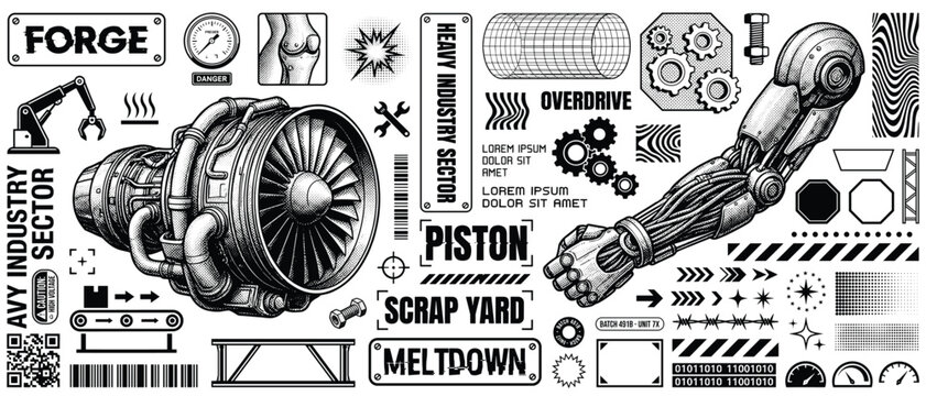 Forge heavy industry piston vector set with scrap yard meltdown overdrive turbine robotic arm icons black white industrial streetwear graphic t-shirt poster sticker print template
